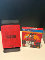 Red Dead Redemption II Ultimate Edition PS4 front of outer box and red embossed Rockstar SteelBook