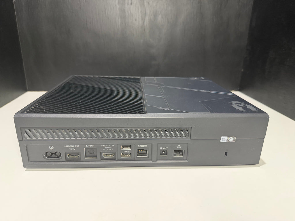Xbox One 1TB Halo 5 Guardians Limited Edition console rear showing ports and UNSC Halo 5 etching on top