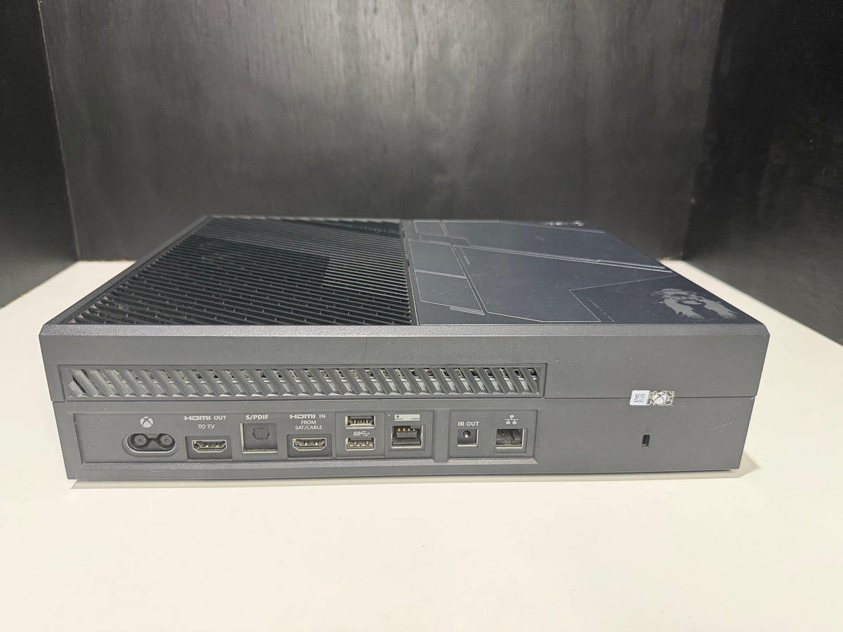 Xbox One 1TB Halo 5 Guardians Limited Edition console rear showing ports and UNSC Halo 5 etching on top