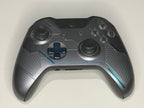Halo 5 Guardians Limited Edition Spartan Locke wireless controller front showing gunmetal UNSC hexagonal pattern and blue D-pad