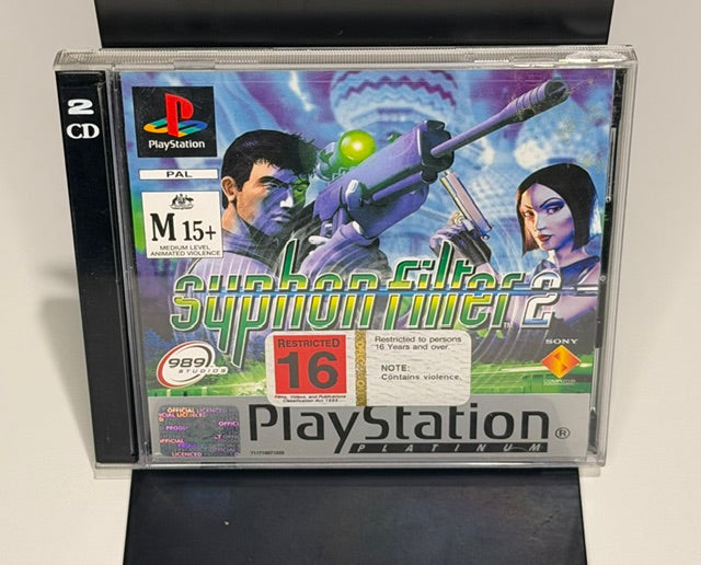 Syphon Filter 2 PS1 Platinum front cover showing Gabe Logan and Lian Xing with PAL M15+ and Restricted 16 ANZ ratings and PlayStation Platinum branding