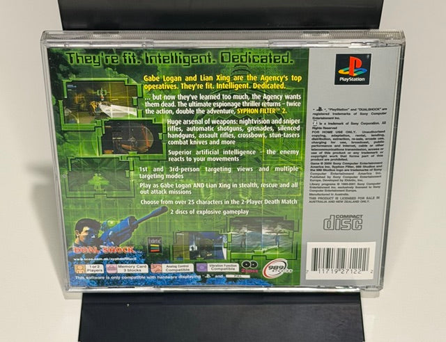 Syphon Filter 2 PS1 Platinum back cover showing gameplay feature list Licensed for sale in Australia and New Zealand only notice and 989 Studios branding