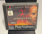 Apocalypse starring Bruce Willis PS1 front cover showing Bruce Willis key art with Activision and PlayStation branding and M15+ PAL ANZ rating sticker
