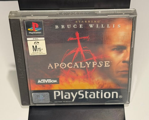 Apocalypse starring Bruce Willis PS1 front cover showing Bruce Willis key art with Activision and PlayStation branding and M15+ PAL ANZ rating sticker