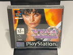 Xena Warrior Princess PS1 front cover showing Lucy Lawless key art with M15+ PAL ANZ rating sticker Electronic Arts and Universal branding