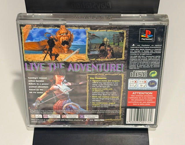 Xena Warrior Princess PS1 back cover showing gameplay screenshots Live the Adventure tagline and feature list with Compact Disc logo
