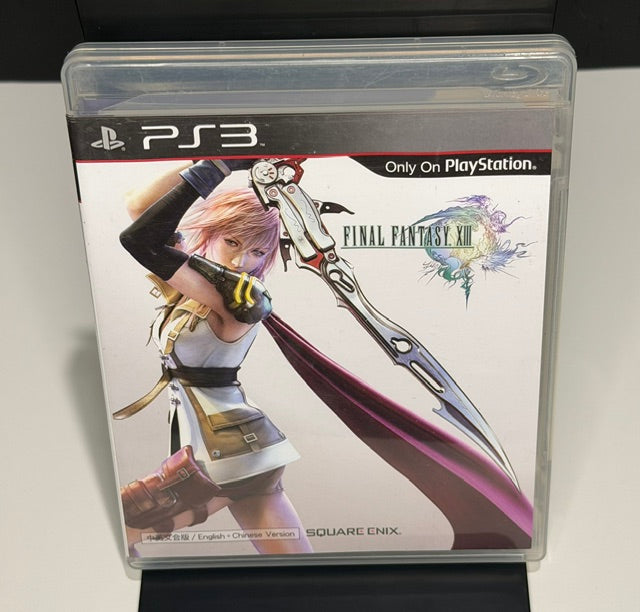 Final Fantasy XIII PS3 Asian English Chinese version front cover showing Lightning with gunblade Square Enix and Only On PlayStation branding with English Chinese bilingual spine