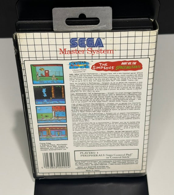 The Simpsons Bart vs the Space Mutants Sega Master System PAL back cover showing gameplay screenshots multilingual description and Flying Edge Acclaim branding