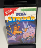 Strider Sega Master System PAL front cover showing Hiryu with sword Action label and green compatibility sticker for Master System and Mega Drive
