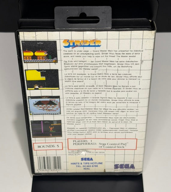 Strider Sega Master System PAL back cover showing gameplay screenshots multilingual description NIAL Australian distributor credit and Sega branding