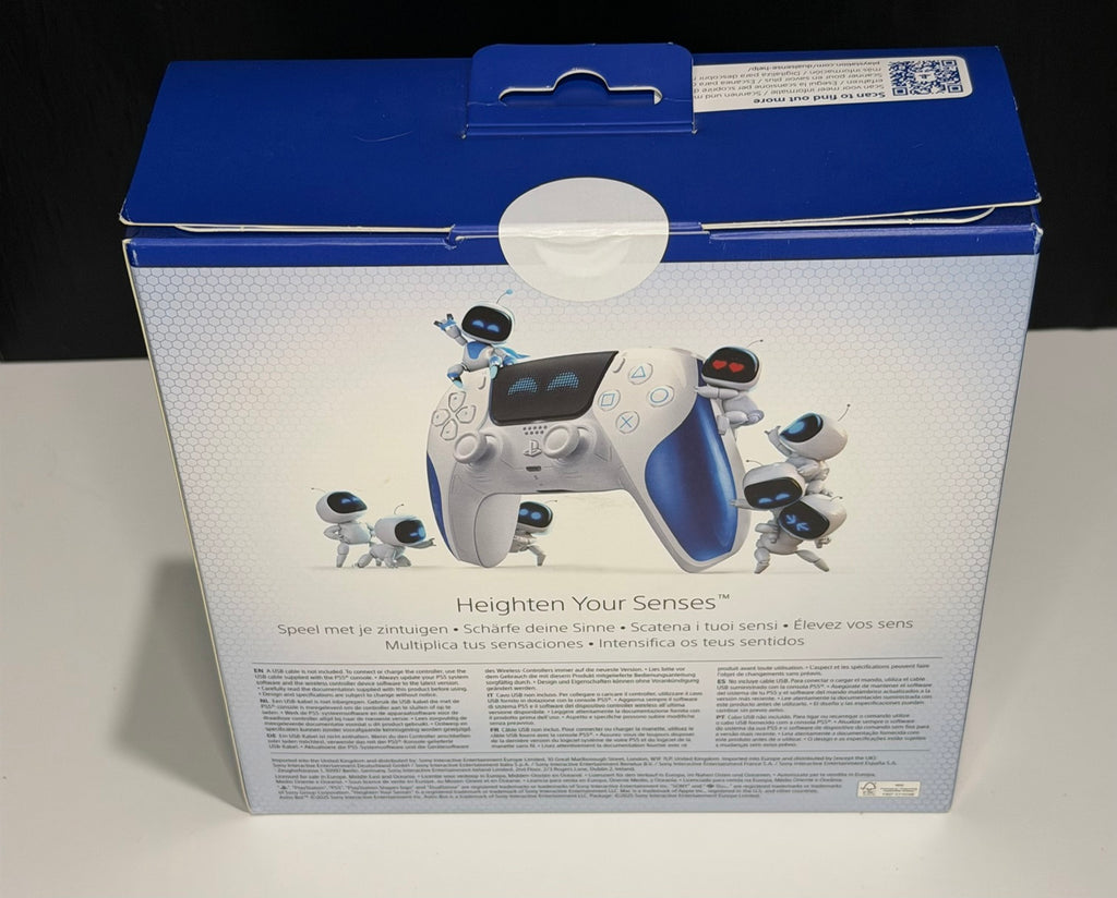 DualSense Limited Edition Astro Bot PS5 controller box back showing Heighten Your Senses tagline with Astro Bot characters surrounding the controller