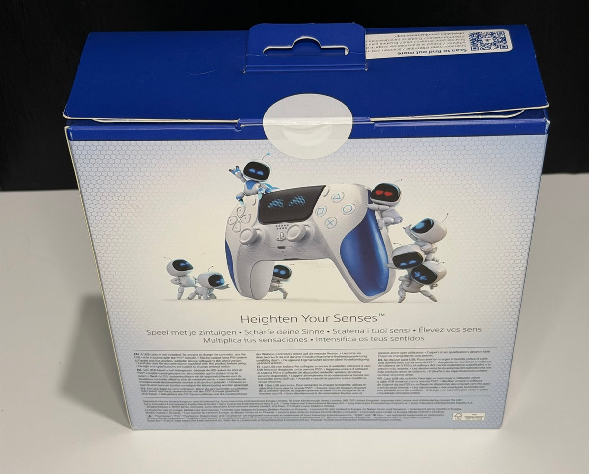 DualSense Limited Edition Astro Bot PS5 controller box back showing Heighten Your Senses tagline with Astro Bot characters surrounding the controller
