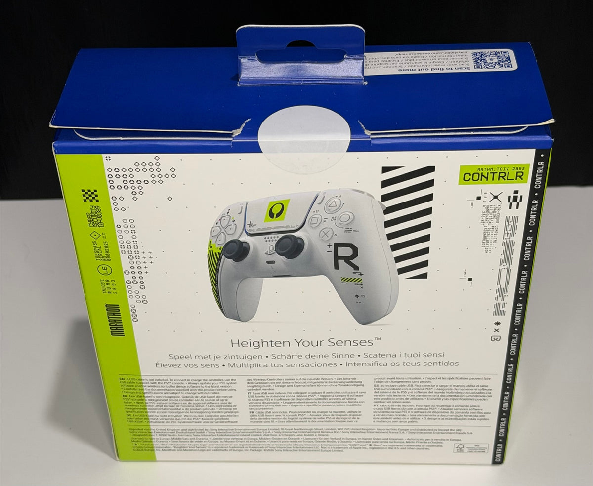 DualSense Limited Edition Marathon PS5 controller box back showing Heighten Your Senses tagline with white and neon green controller and Marathon CONTRLR graphic detail