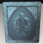 Dark Souls III SteelBook Edition PS4 back showing embossed seated armoured knight in relief on metal case