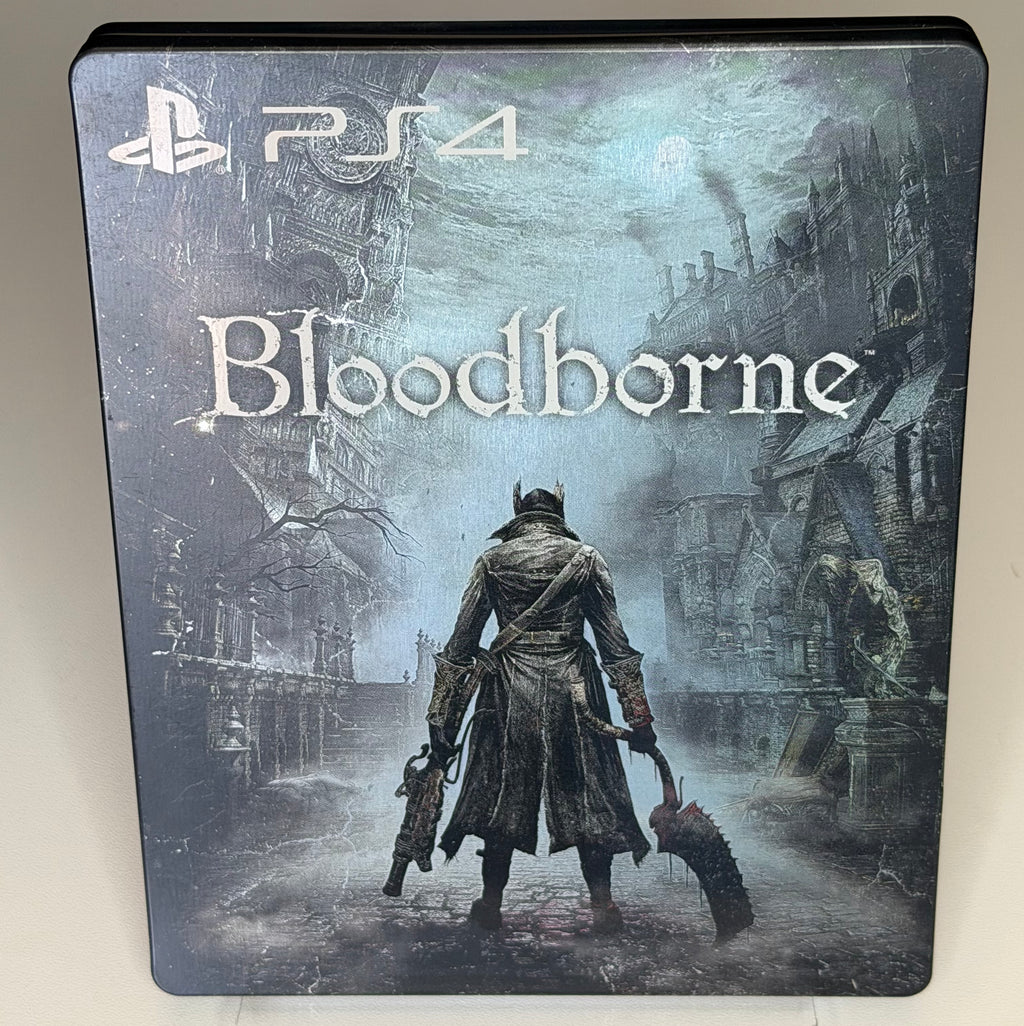 Bloodborne SteelBook Edition PS4 front showing Hunter standing in Yharnam with Bloodborne title in gothic lettering on full-art metal case