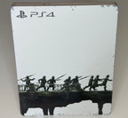 The Last Guardian SteelBook Edition PS4 back showing armoured soldiers marching across a bridge in silhouette on white-ground metal case with scuffs and marks