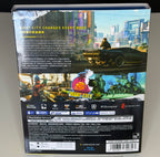 Cyberpunk 2077 PS4 Asian edition back cover showing Night City panorama with bilingual Chinese and English description PS4 Pro Enhanced badge and barcode 5902367640743