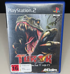 Turok Evolution PS2 front cover showing T-Rex with Restricted 16 rating sticker and original shrink wrap remnants on standard blue PS2 case with significant scratching on plastic