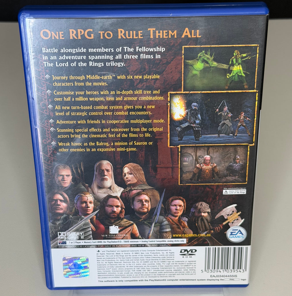 Lord of the Rings The Third Age PS2 back cover showing Fellowship characters and gameplay screenshots with Licensed for Sale in Australia and New Zealand Only text and EAJ03404455IS barcode