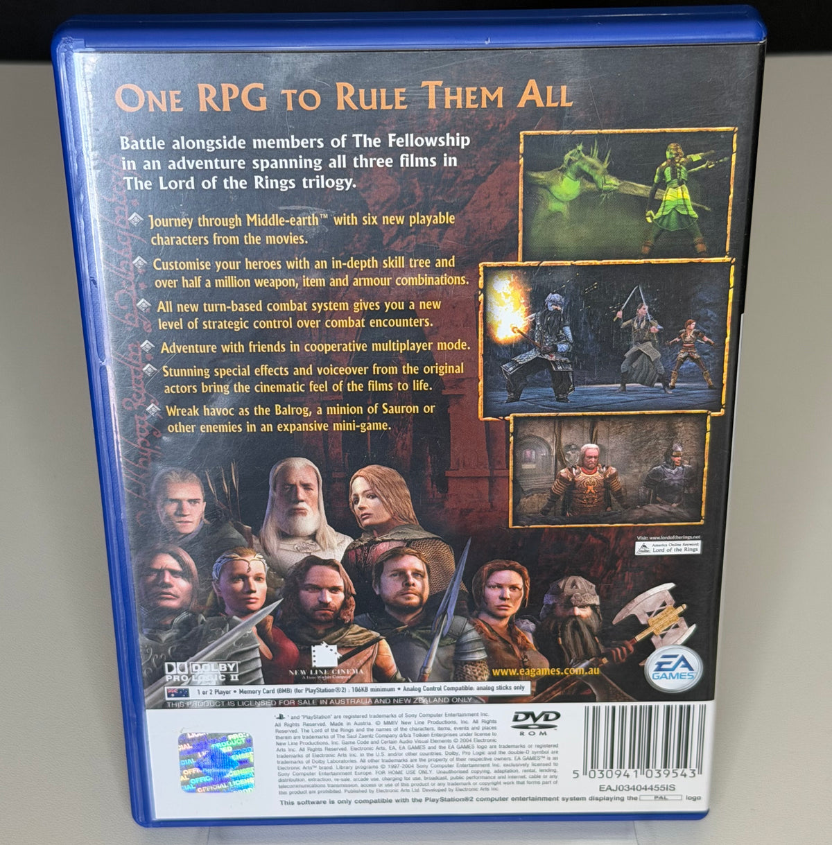 Lord of the Rings The Third Age PS2 back cover showing Fellowship characters and gameplay screenshots with Licensed for Sale in Australia and New Zealand Only text and EAJ03404455IS barcode