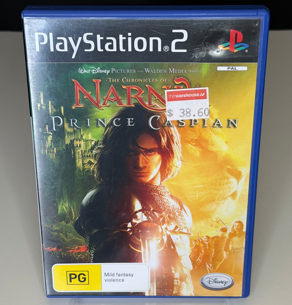 Chronicles of Narnia Prince Caspian PS2 front cover showing Prince Caspian with sword and The Warehouse price sticker 38.60 NZD on PAL blue PS2 case Grade B condition