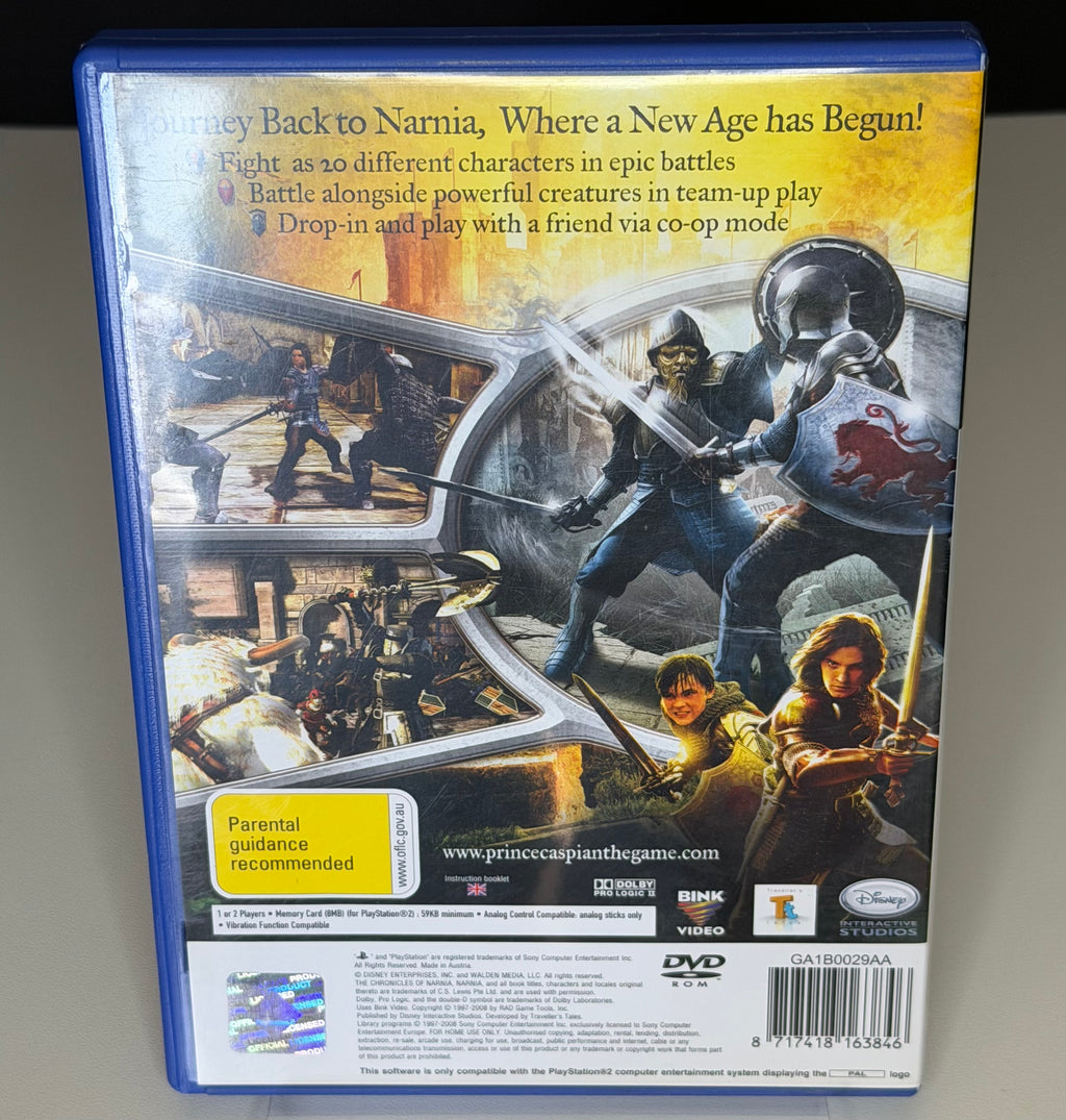 Chronicles of Narnia Prince Caspian PS2 back cover showing battle scenes with 20 playable characters co-op mode features and GA1B0029AA barcode on PAL blue PS2 case