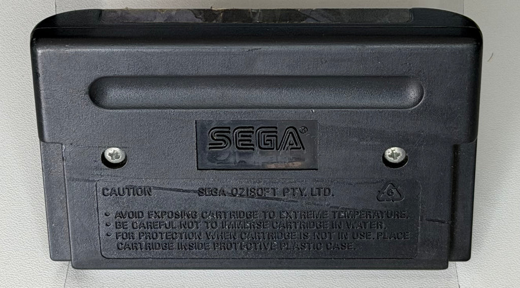 Phantasy Star IV The End of the Millennium Sega Mega Drive ANZ Ozisoft loose cartridge front label showing Motavia cityscape artwork with significant peeling creasing and fading consistent with Grade C