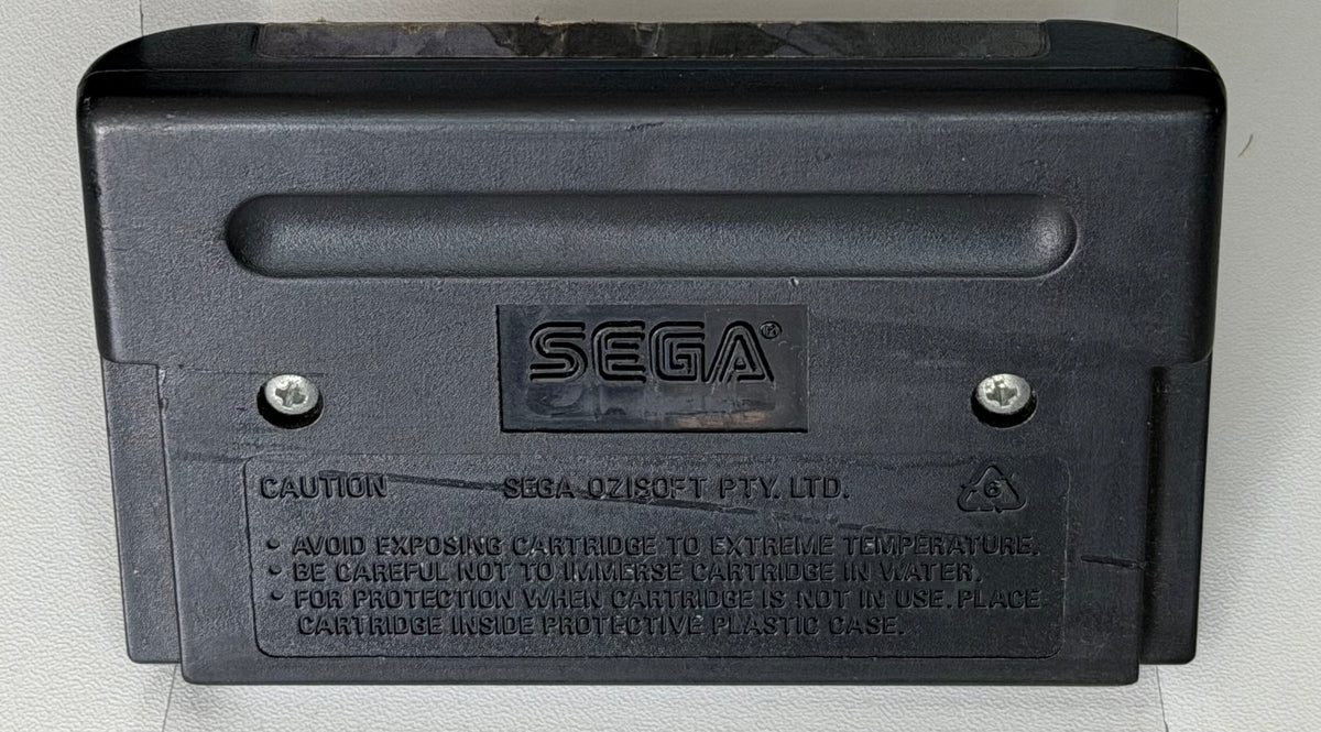 Phantasy Star IV The End of the Millennium Sega Mega Drive ANZ Ozisoft loose cartridge front label showing Motavia cityscape artwork with significant peeling creasing and fading consistent with Grade C