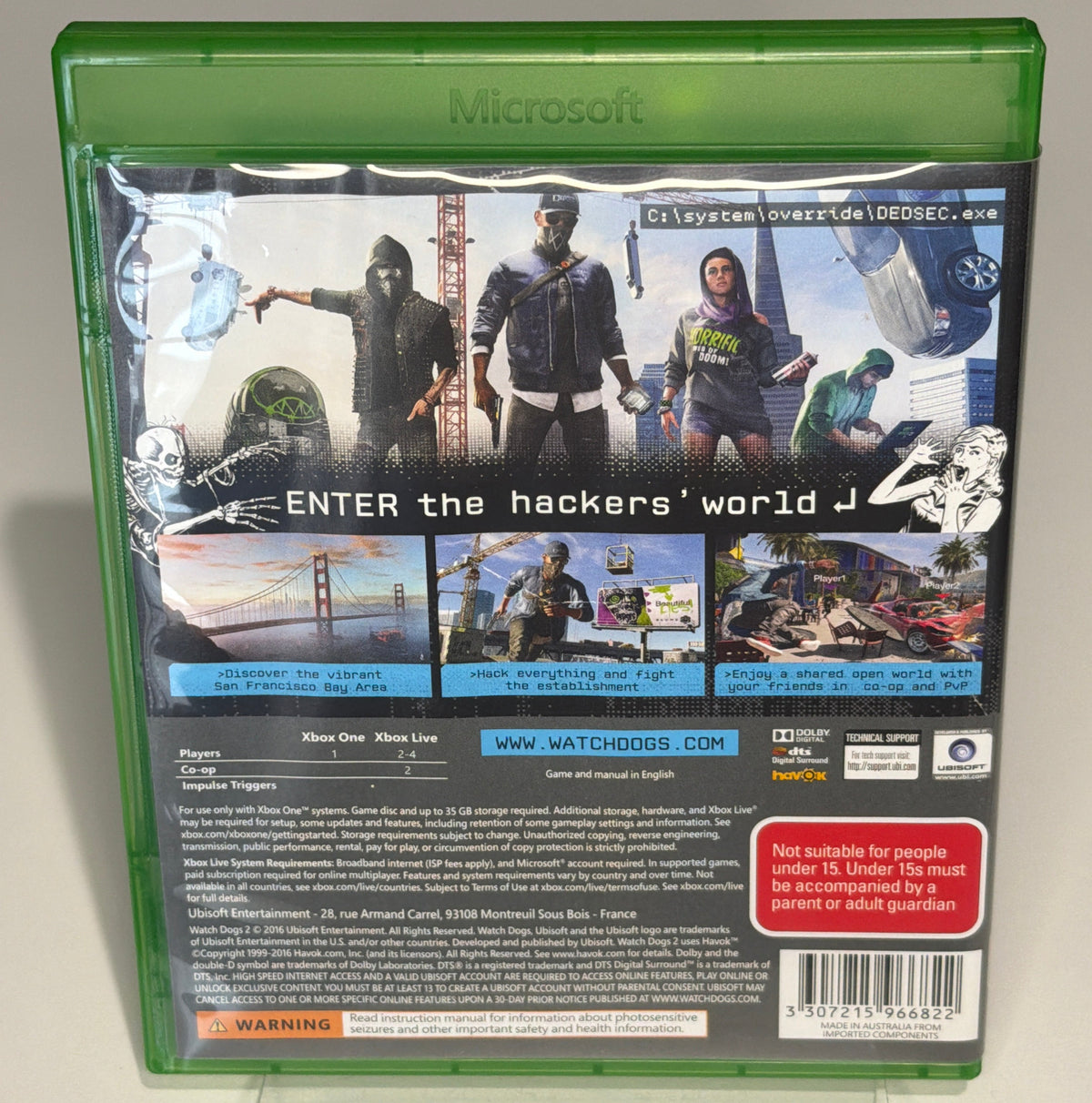 Watch Dogs 2 San Francisco Edition - collector's display box front showing Marcus figure inside skull-pattern acrylic case