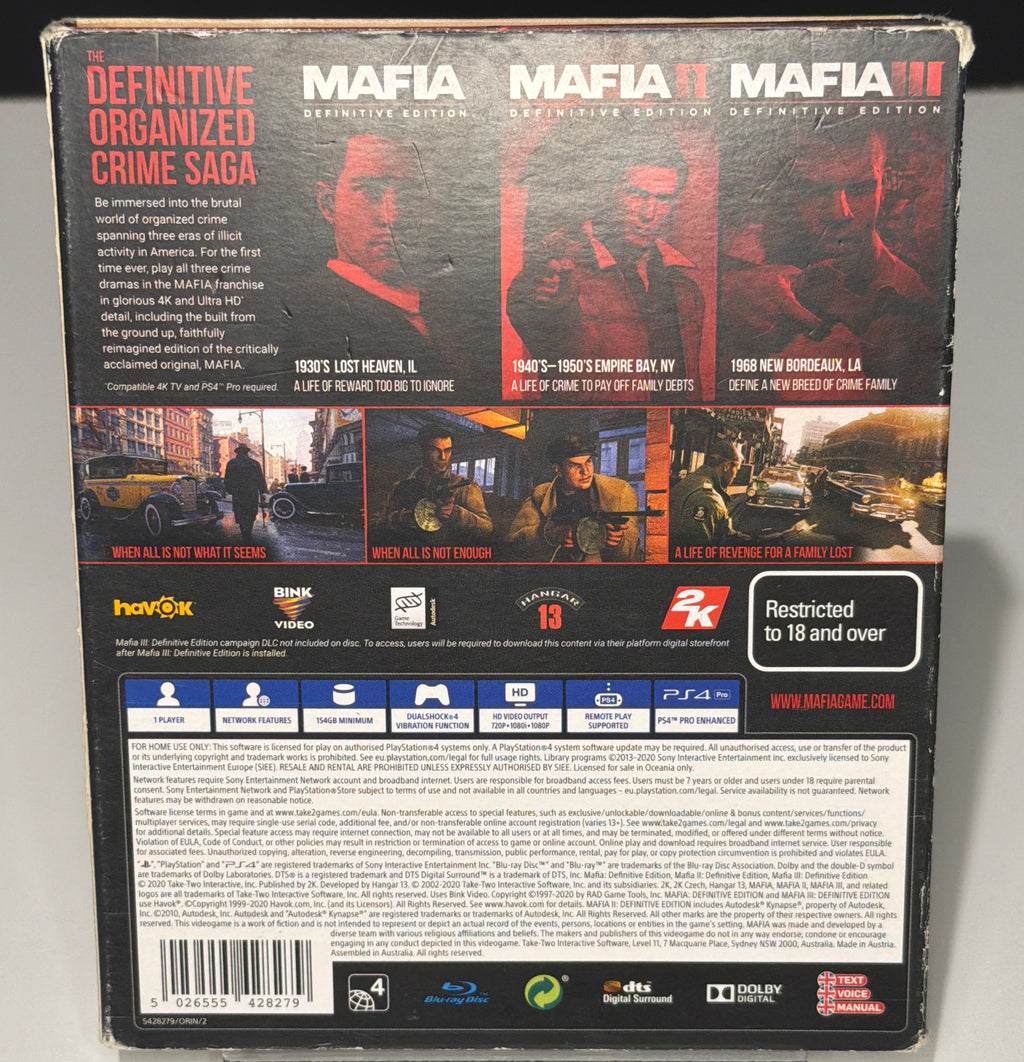Mafia Trilogy PS4 - retail box back (PAL/ANZ, barcode 5026555428279)