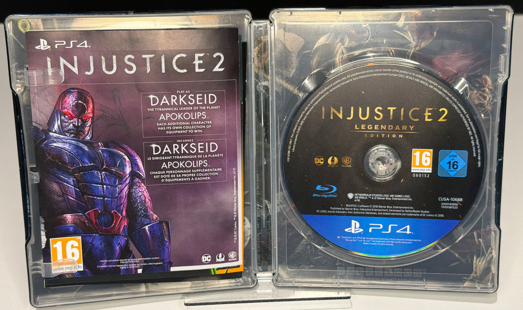Injustice 2 Ultimate Edition PS4 - inside: Legendary Edition disc CUSA-10688 and Darkseid DLC insert