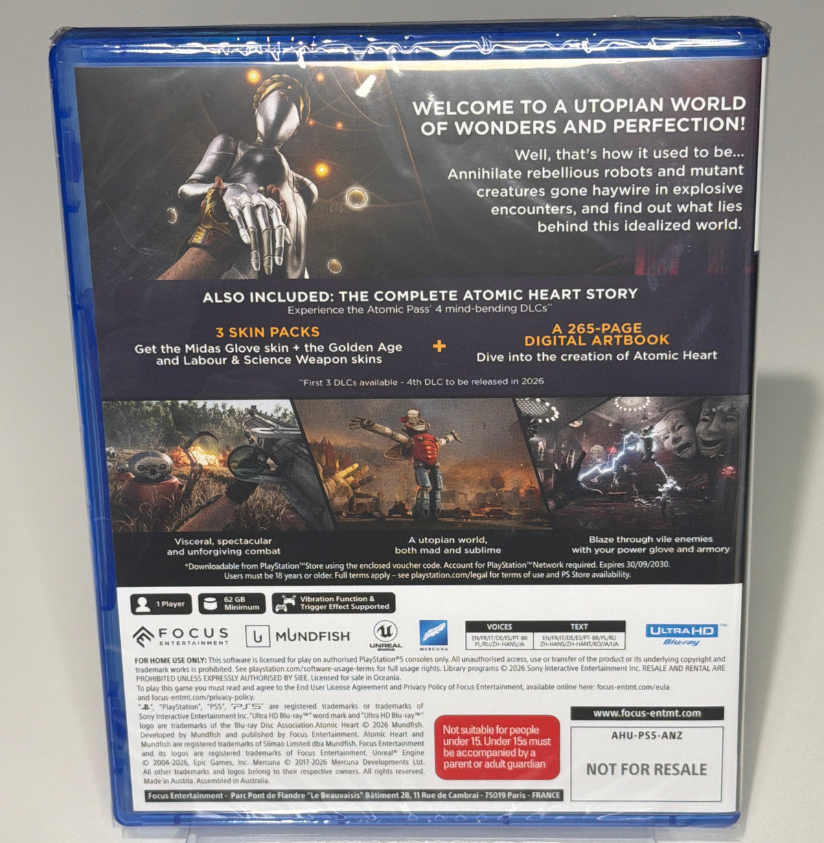 Atomic Heart Ultimate Edition PS5 outer packaging with NZ R16 sticker